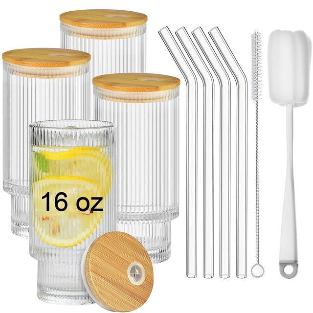 ALINK 16 OZ Ribbed Drinking Glasses 4pcs Set with Bamboo Lids and Glass Straws, Vintage Iced Coffee Cups Glassware, Origami Style Glass Tumbler for Coocktail, Beer, Water