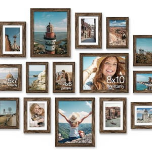 Vittanly 15 Pack Picture Frames Collage Wall Decor for Mounting or Tabletop Display, Gallery Frame Set for Family, Multi Sizes Including 3pcs 8x10, 6pcs 5x7, 6pcs 4x6, Brown