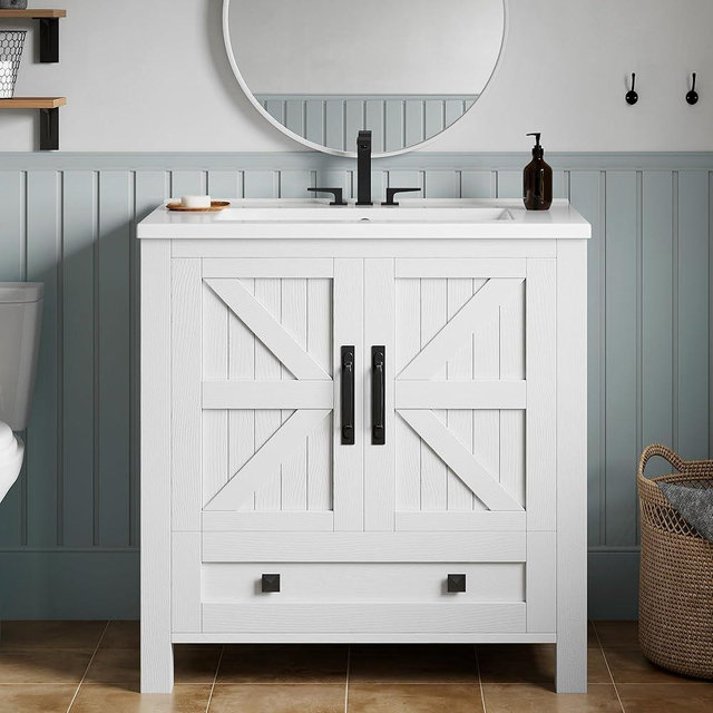 YITAHOME 30" Farmhouse Bathroom Vanity with Sink Combo, Small Space Bathroom Storage Cabinet with Large Drawer, 2 Soft-Closing Wood Barn Doors with Built-in Shelves, White