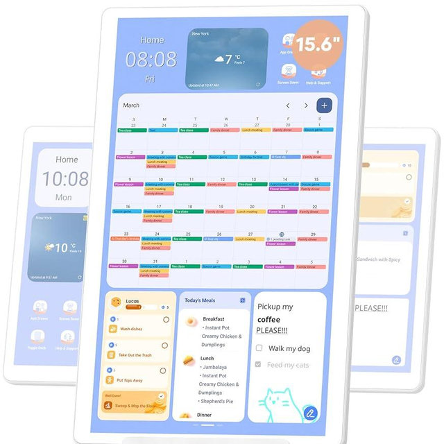 cozyla 15.6'' Digital Calendar Wall Touch Screen Support Any Android Tablet Google Play Apps to Do List Notepad Chore Chart for Kids Meal Planner Wall Mount Smart Electronic Calendar for Family White