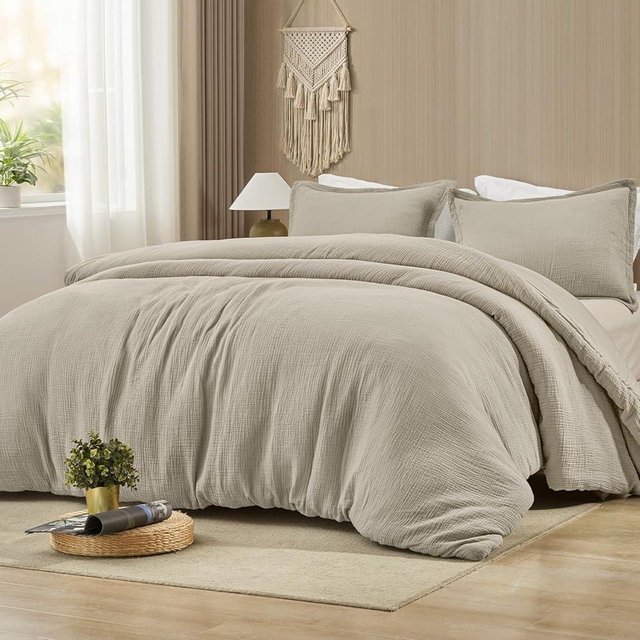 PHF Cotton Muslin Comforter Set Queen – 100% Cotton Cover, Ultra Soft & Breathable, 3PCS Lightweight All-Season Bedding with Polyester Fill, 1 Comforter 90"x90" & 2 Pillow Shams 20"x26", Taupe