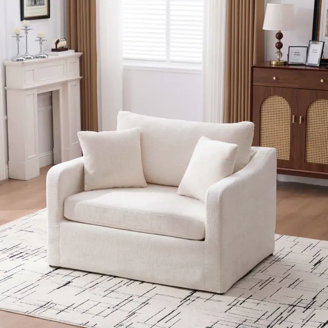 Upholstered Accent Chair Cushioned Single Sofa Chair Leisure Chair with Ottoman&Pillows, Chenille, Beige - ModernLuxe