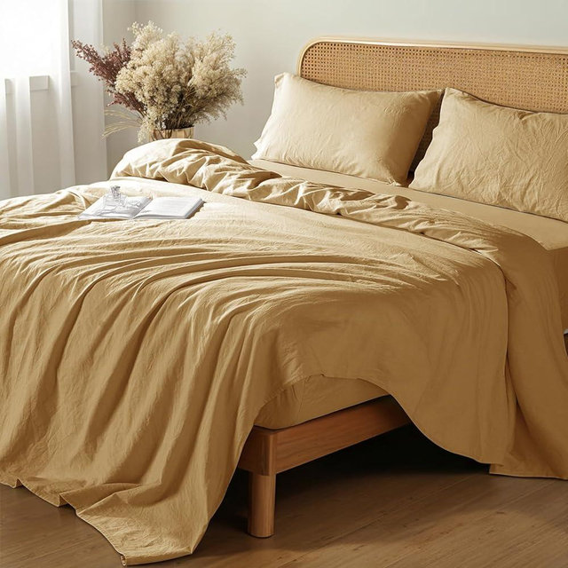 Shilucheng 100% French Linen Sheets - Queen Size Bed Sheets, Breathable & Cooling Pure Linen Sheets,Soft Durable and Tear Resistant -16 Inch Deep Pocket - 4Pcs (Rust, Queen)