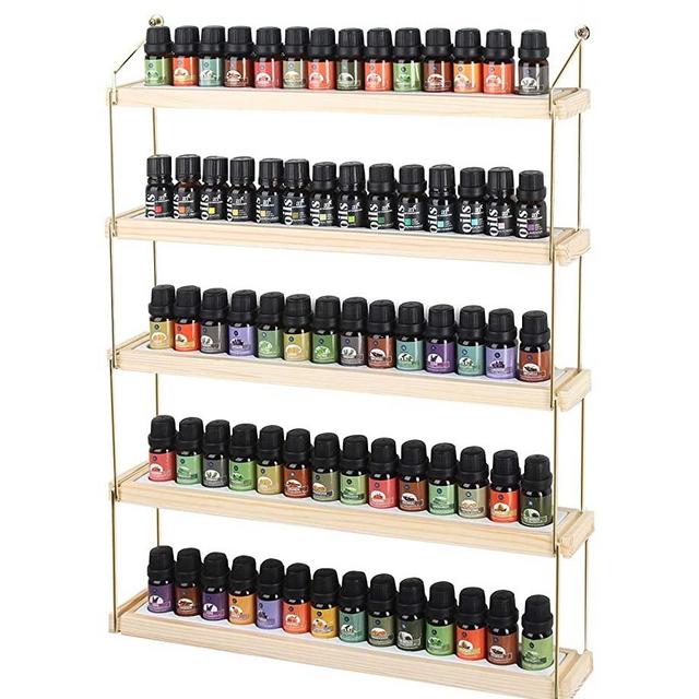 J JACKCUBE DESIGN Wall Mount Essential Oils Display Shelf with 5 Tier for 70 Bottles Holder Gold Frame and Wood Rack Organizer - MK482B