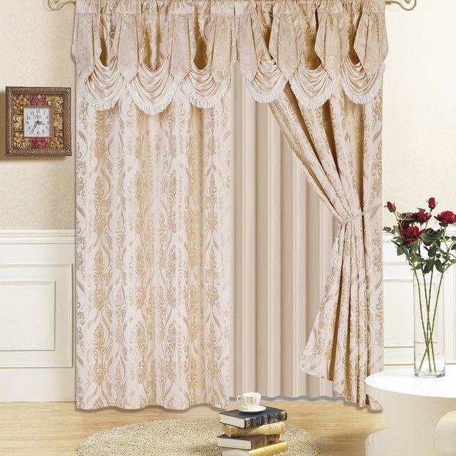 All American Collection New 4 Piece Drape Set with Attached Valance and Sheer with 2 Tie Backs Included (84" Length, Beige)