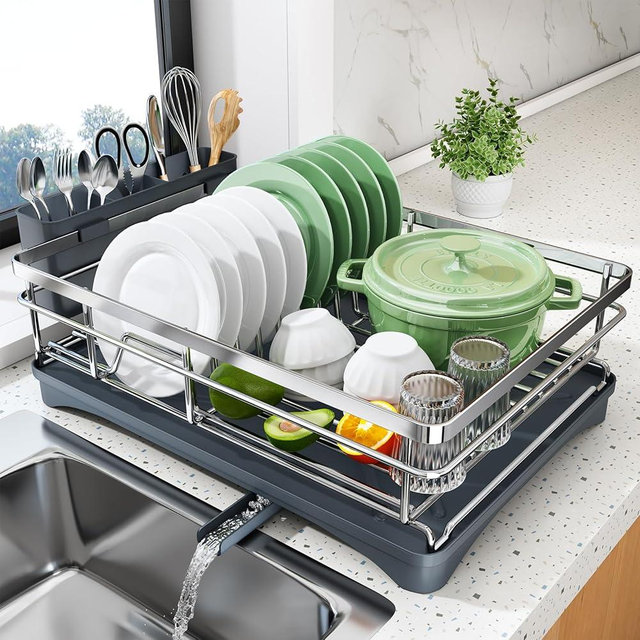 Dish Drying Rack - Stainless Steel Dish Rack for Kitchen Counter, Large-Capacity Dish Drainer with Cutlery Holder, Kitchen Organizer for Dishes, Spoons and Forks, Silver