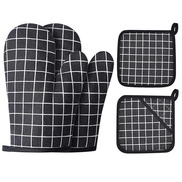 Win Change Oven Mitts and Potholders BBQ Gloves-Oven Mitts and Pot Holders with Recycled Cotton Infill Silicone Non-Slip Cooking Gloves for Cooking Baking Grilling (4-Piece Set,Black)