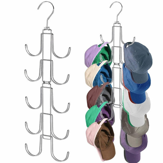 NAKBINX Hat Organizer for Closet, Collapsible Caps Rack with 10 Rotatable Large Hooks, Holds Up to 40 Baseball Caps, Metal Space Saving Hat Hanger for Display, Storage and Closet Organizers, Silver