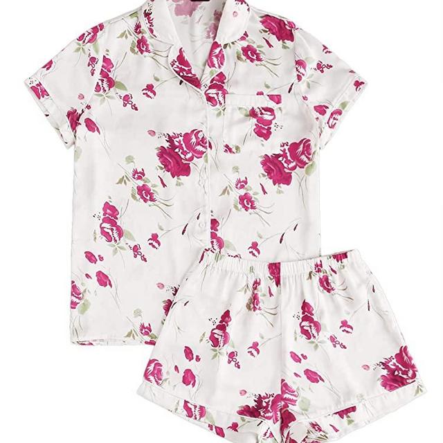 Floerns Women's Notch Collar Palm Leaf Print Sleepwear Two Piece Pajama Set