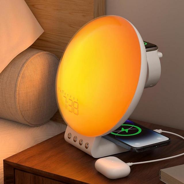 Dekala Sunrise Alarm Clock Wireless Charging for iPhone 14 13 12 Apple Watch AirPods Samsung, White Noise Sleep Sounds Machine Nursery Night Light for Heavy Sleeper Kid, Touch & Button Control