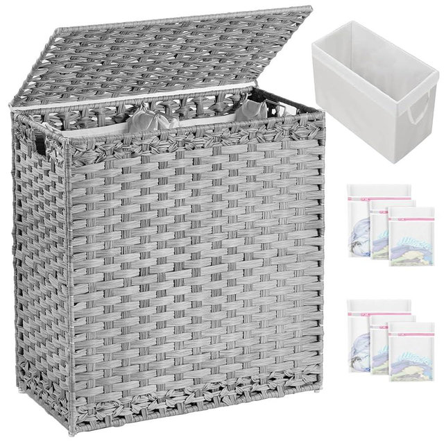 SETVSON Laundry Hamper with Lid Wicker Laundry Basket 112 L (29.6 Gal) Laundry Hampers Handwoven Rattan Clothes Hamper with Handles 3 Removable Liner Bag, 6 Mesh Bags for Bathroom Bedroom Gray