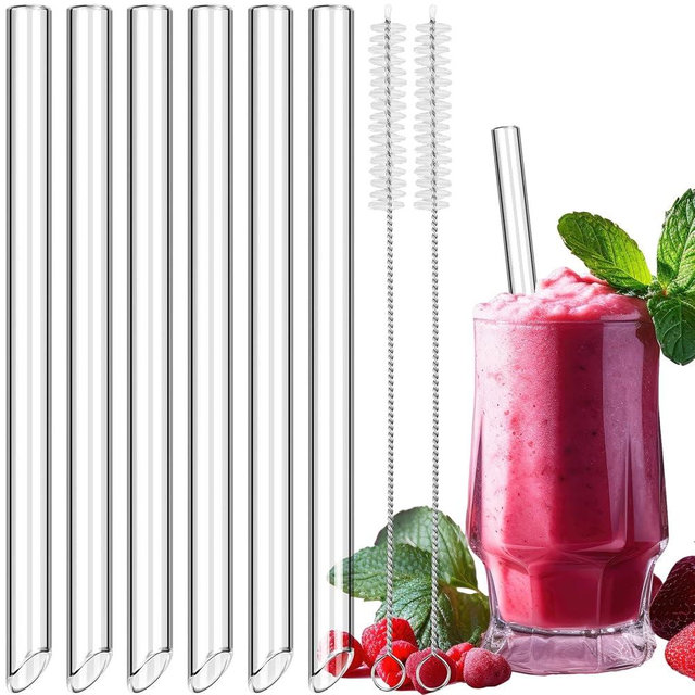 NiHome 6-Pack 9" Length Clear Glass Reusable Straws for Boba, Smoothies, 14mm (0.55’’) Extra-Wide Transparent Drinking Straws for Bubble Tea, Juices, Slushies, Easy to Clean with 2 Brushes