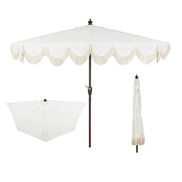 JONATHAN Y UMB1201D Beverly 9 ft. Designer Classic Scalloped Fringe Half Market Patio Umbrella with Crank, Push Button Tilt and UV Protection in Cream/White