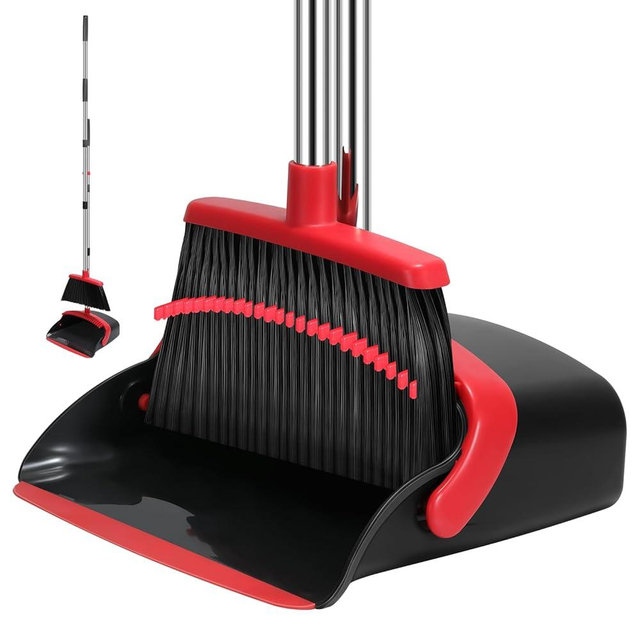 NACENA Broom and Dustpan Set, 55-in Long Adjustable Handle Broom Dustpan Combo with Dustpan Teeth to Automatically Clean Hair Suitable for Home Kitchen Office Hall Floor, Large(Black&Red)
