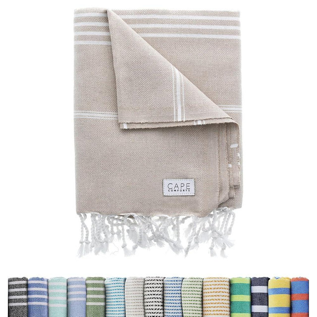 Cape Comforts Large Turkish Beach Towel, Classic Beige - Super Soft & Lightweight Quick Dry Absorbent Towels for Beach, Picnic Blanket or Bath Towel - Sand Free Organic Turkish Cotton Yarn