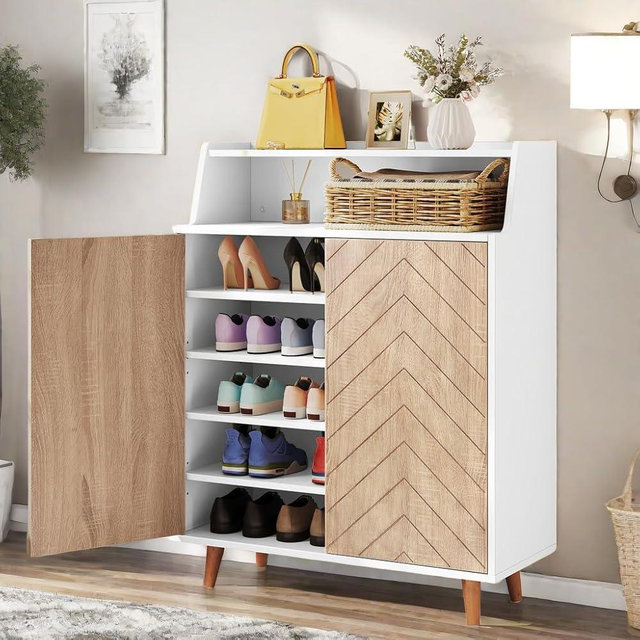 DWVO Shoe Cabinet, 5-Tier Shoe Cabinet Storage with Doors for Entryway, Large Capacity Wooden Shoe Storage Cabinet, Tall Shoe Rack Organizer for Entryway, Closet, Living Room, White