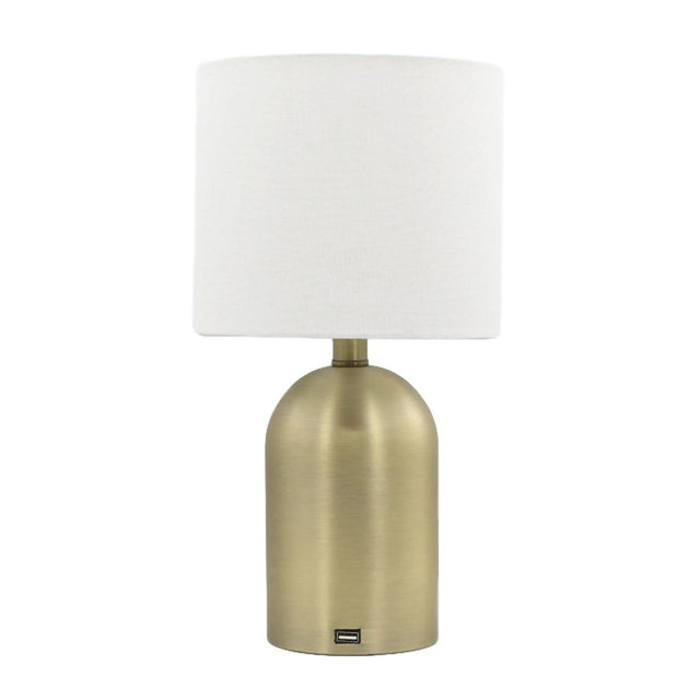 Designs Direct 14.5-Inch Brass Table Lamp in Gold with USB and Linen Shade