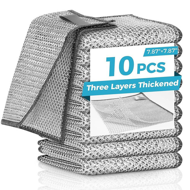Forggon10 Pcs New Upgrade3-Layermetal Dish Cloth, No Scratches and， No Odor， Multipurpose Wire Dishwashing Rag for Wet and Dry,Kitchen Cleaning DishRags,Sinks, Dishes,Stove Top,Dimensions(7.87X7.87)
