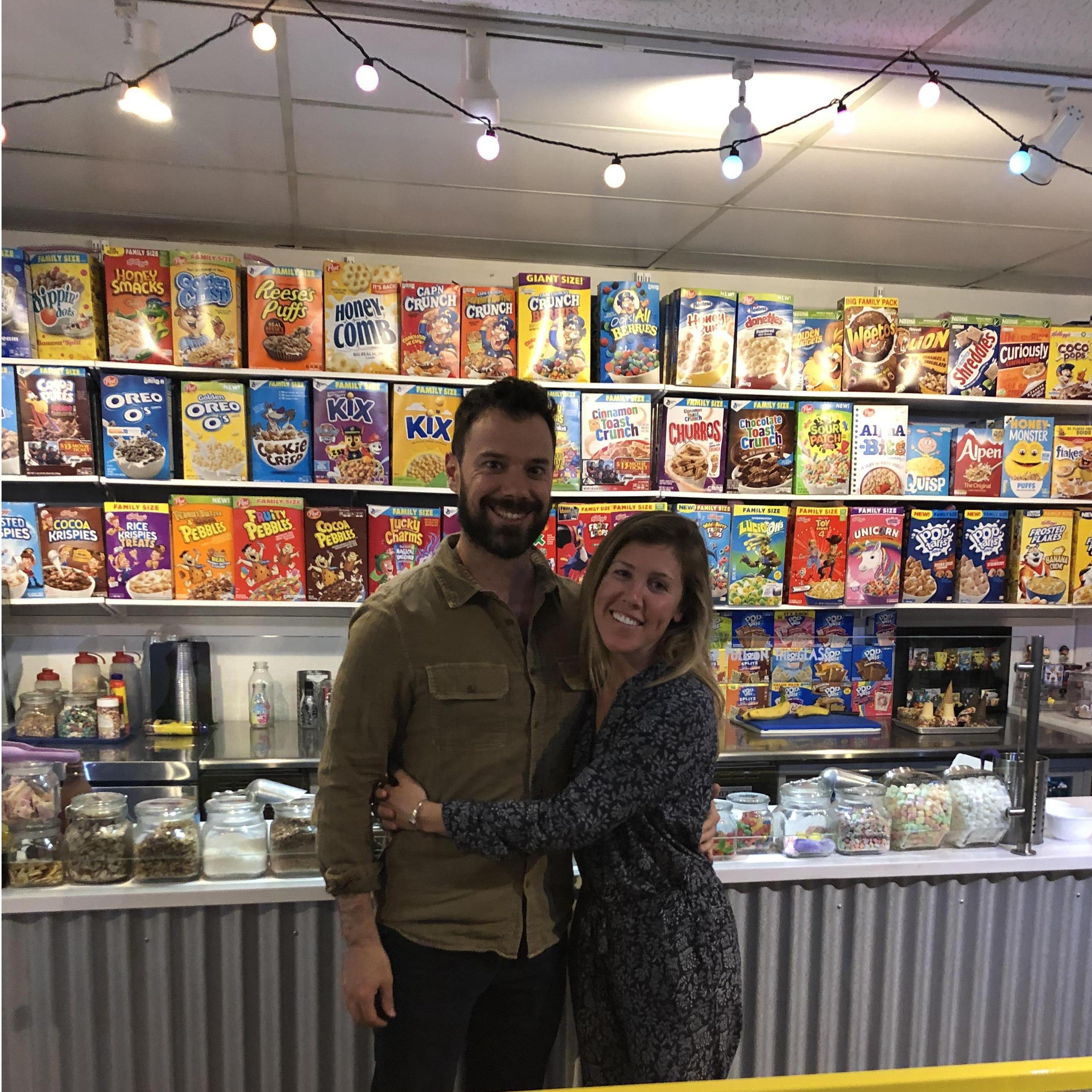 We celebrated our 1-year anniversary eating cereal at the place we first met. Scott didn't overload on chocolate the second time and saved himself from another bellyache.