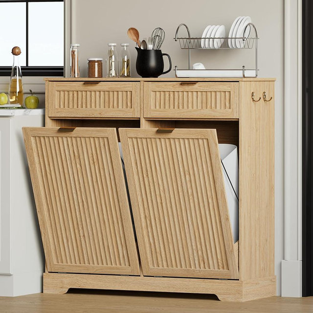 METOTI 2 x 13 Gallons Double Tilt Out Trash Can Cabinet, Wooden Fluted Trash Garbage Can Cabinet with 2 Drawers, Hidden Laundry Hamper with Hooks for Kitchen Living Room, Natural Oak