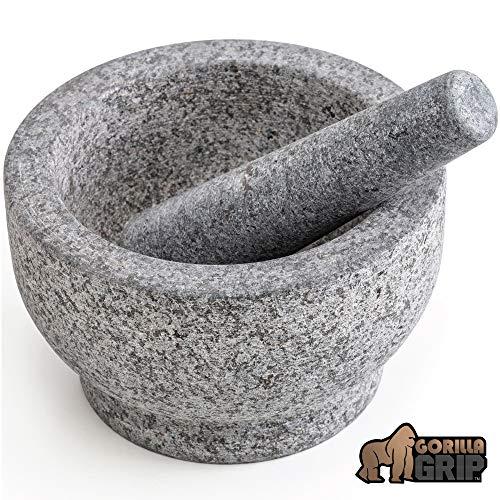 Gorilla Grip Original Mortar and Pestle, Holds 1.5 Cups, Slip Resistant Bottom, Large Heavy Duty Unpolished Granite, Guacamole Molcajete Bowl, Kitchen Spices, Herbs, Pesto Grinder, 5 Inch, Small Size