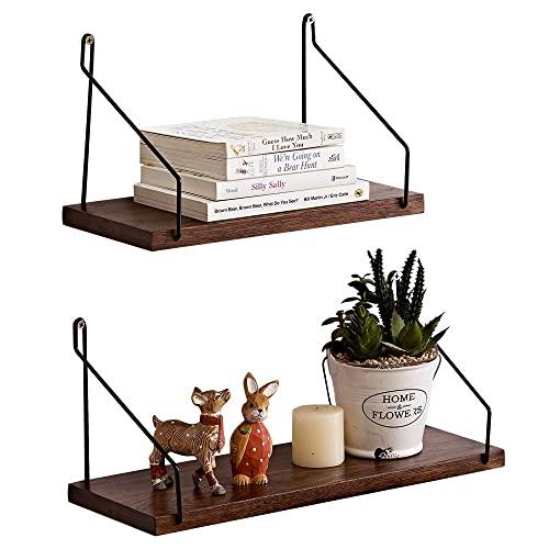 HOMWOO Shelves for Wall Floating Shelves Set of 2 Oak Solid Wood Shelves Floating Shelves Bathroom Rustic Wall Mounted Wall Shelf for Living Room, Bedroom, Bathroom, Kitchen, Office (Walnut)