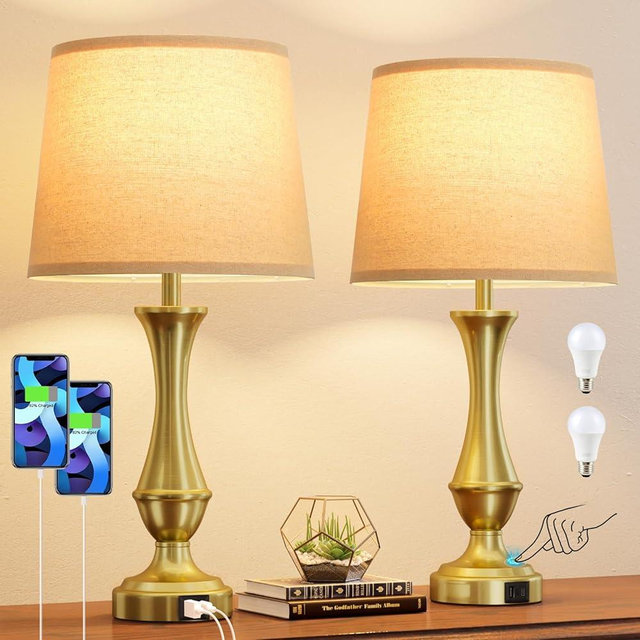 Seealle Upgraded Touch Lamps for Night Stands Set of 2 - Bedside Lamps with USB C+A, 3 Way Dimmable for Bedroom Living Room End Tables Office (Gold)