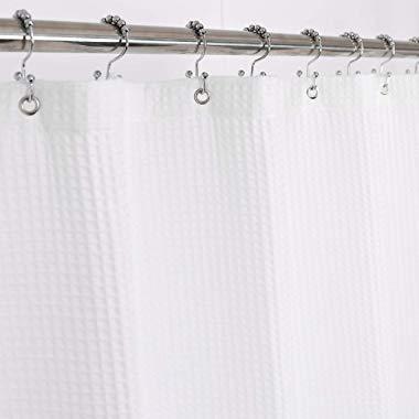 Barossa Design Fabric Shower Curtain Cotton Blend - Honeycomb Waffle Weave, Hotel Collection, Spa, Washable - White, 72 x 72 inch