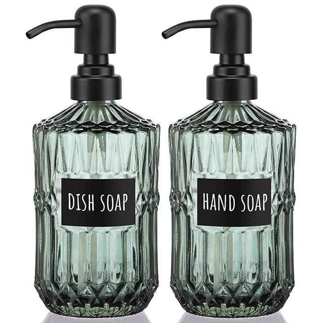 Segbeauty Glass Soap Dispenser Set, 2 Pack 15.2oz Farmhouse Kitchen Decor Stainless Steel Pump Bottles, 450ml Refillable Shower Bottle Hand Soap Dispenser for Modern Home Bathroom Western Decor Green
