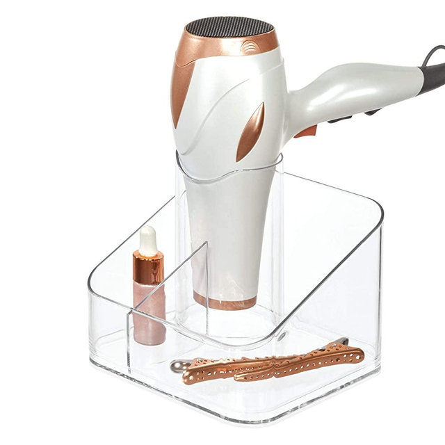 iDesign Clarity Care Divided Organizer, Blow Bathroom, Vanity Countertop, Desktop, Bedroom, College Dorm, 6.5" x 6.4" x 5.7", Hair Dryer Holder