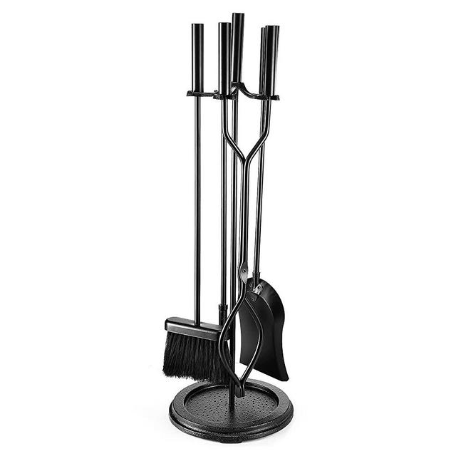 Syntrific 5 Pieces Fireplace Tool Set Black Cast Iron Fire Place Tool Set  with Log Holder Fire Pit Stand Rustic Tongs Shovel Antique Broom Chimney  Poker Wood Stove Hearth Accessories Set 