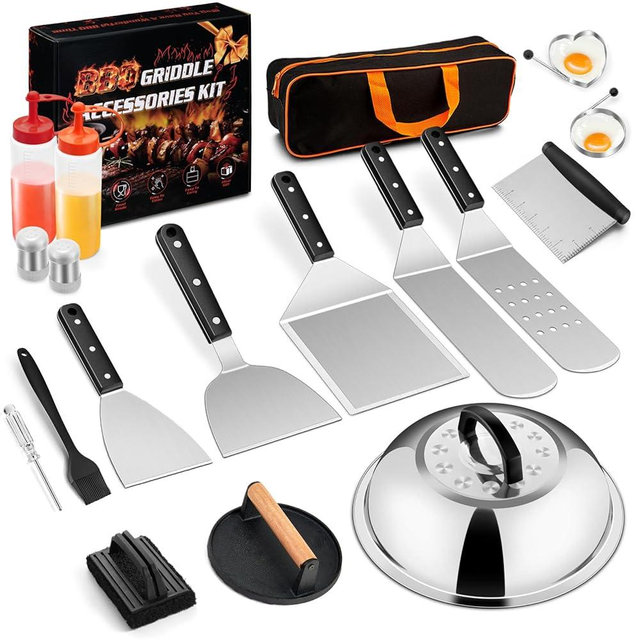 18Pcs Griddle Accessories Kit for Blackstone, Joyfair Flattop Grilling Accessory Set with Smash Burger Press, Stainless Steel Spatula Tools with Basting Cover for Outdoor BBQ Cooking (ABS Handles)