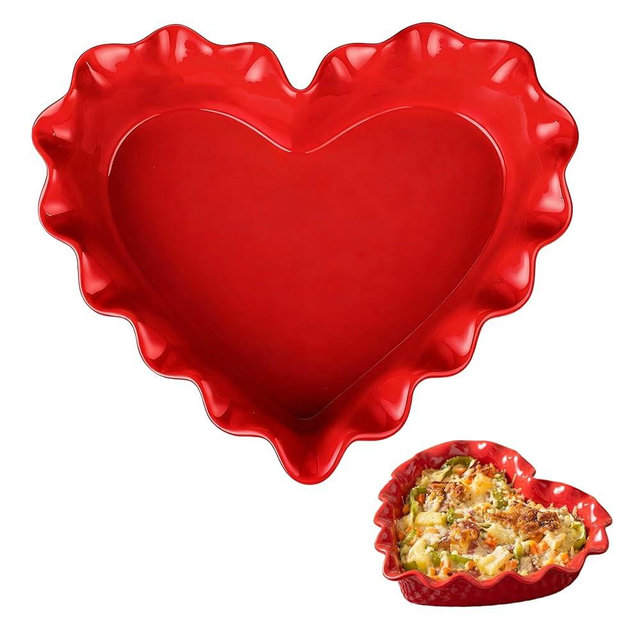 FoldTier 9in Valentine's Day Heart Shaped Deep Pie Dish 2.6in Ceramic Ruffle Heart Pie Pan Baking Dish for Valentine Wedding Anniversary Party Apple Quiche Pot Pies Tart for Microwave Oven(Red)