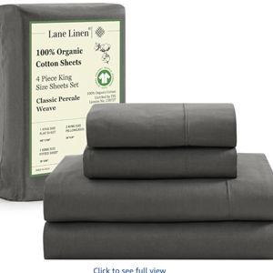 LANE LINEN 100% Organic Cotton Sheets King Size Machine Washable Fully Elasticized Soft & Comfy Mercerized Sustainably Produced All Season Eco Friendly Cotton Sheets sábanas King- Charcoal