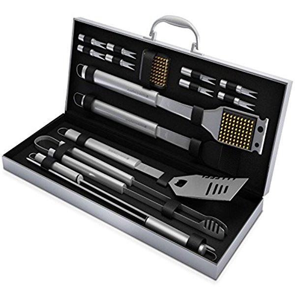 BBQ Grill Tools Set with 16 Barbecue Accessories - Stainless Steel Utensils with Aluminium Case - Complete Outdoor Grilling Kit