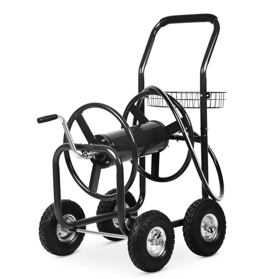 Hose Reel Cart, Hold Up to 300 ft of 5/8’’ Hose, Heavy Duty Garden Water Cart with 4 Wheels, Powder-coated Steel Outdoor Planting with Storage Basket for Garden, Lawn, Yard, Black