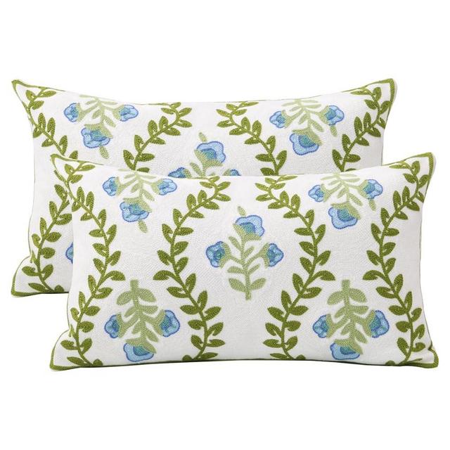 Pilmandu Set of 2 Embroidered Decorative Throw Pillow Covers Couch Square Pillowcases Cushion for Bedroom Sofa Farmhouse Decor 12x20 Inch (Blue Floral-Lumbar)