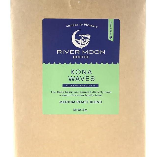 River Moon Coffee, Kona Coffee Whole Bean, Medium Roast, 5 lbs, Kona Waves Hawaiian Blend, Sustainably Farmed, 100% Arabica