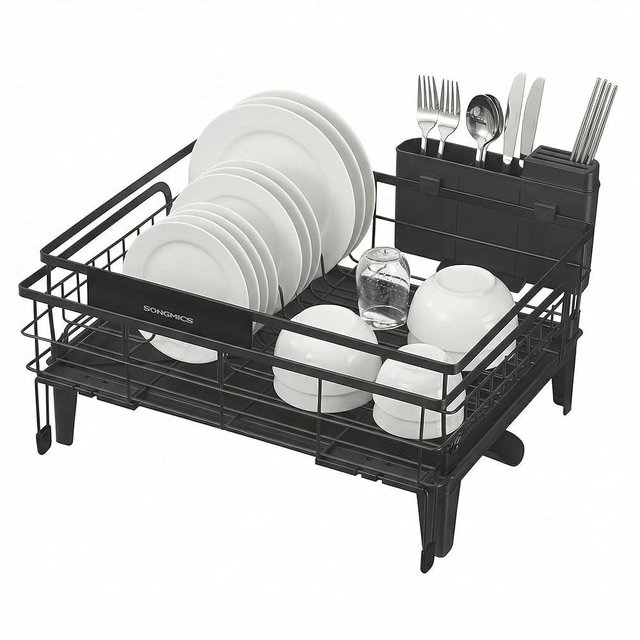 SONGMICS Dish Drying Rack, Kitchen Dish Rack with Drainboard, 360° Rotatable and Extendable Spout, with Cutlery Holder, (12.2-22) x 16.5 x 7.9 Inches, Ink Black UKCS552B01