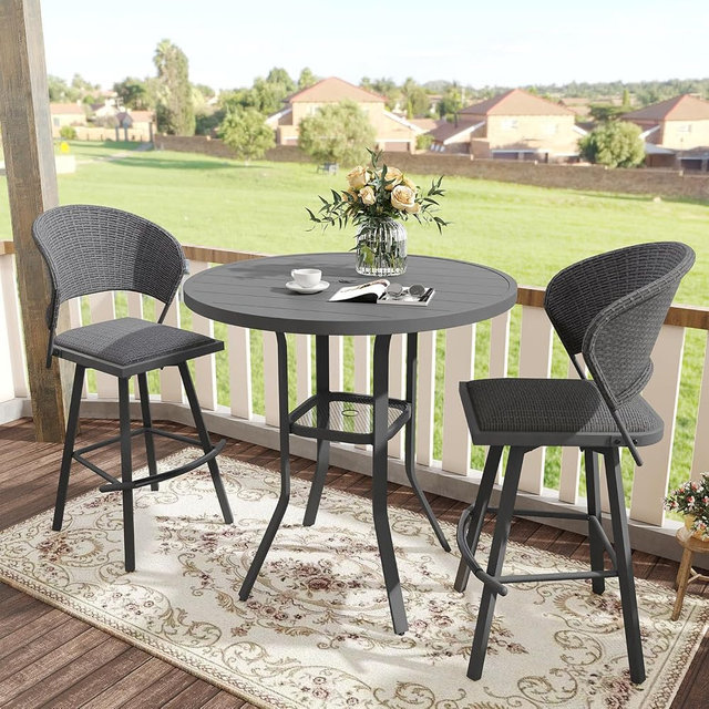 VICLLAX 3 Pieces Patio Bar Set for Lawn Garden, 35.5" Bar Height Metal Round Table and 2 Wicker Outdoor Swivel Outdoor Bar Stools, Grey Table and Grey Chairs