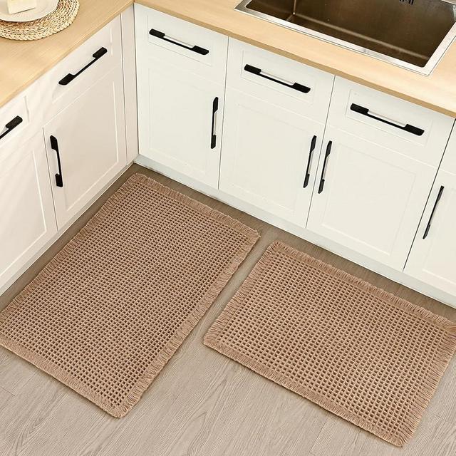 Siyaluens Luxury Waffle Bath Mat, Super Absorbent Non Slip Bathroom Rugs, Boho Ultra Soft Comfort Machine Washable Quick Dry Floor Mats with Tassels (Brown, 17" x 24" + 20" x 30")