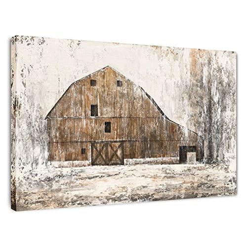 Yihui Arts Farmhouse Rustic Wall Decor Hand Painted Barn Canvas Wall Art Painting Pictures Artwork for Bedroom Bathroom