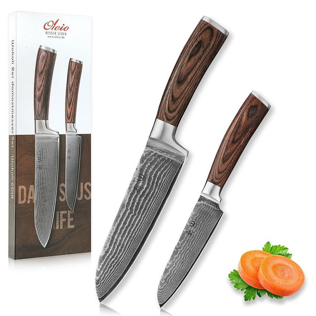 Wakoli EDIB 2-pcs Professional Damascus Kitchen Knife Set - Made of 67 Layers of Genuine Damascus Steel with VG10 Core | Santoku Knives Set with Ergonomic Pakkawood Handles in Gift box