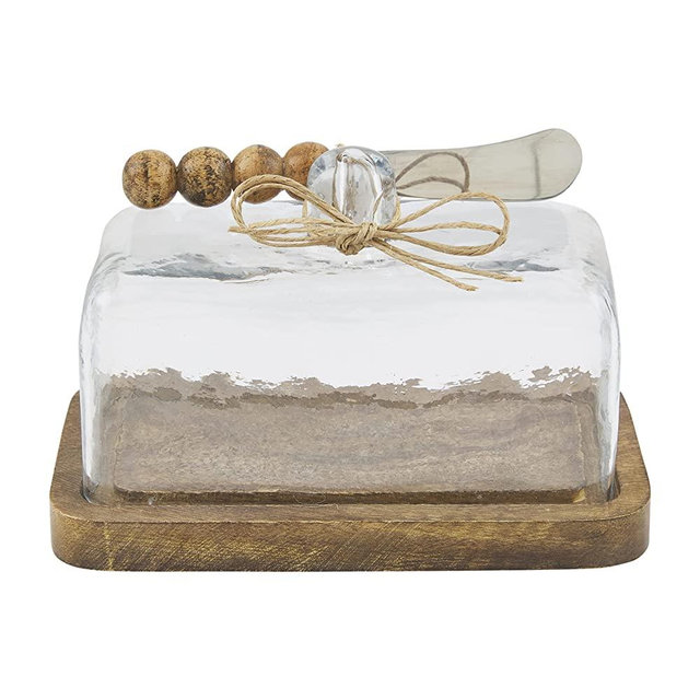 Mud Pie Brown Beaded Wood and Glass Butter Dish, 6.5" x 3.5"