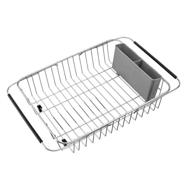 SANNO Over The Sink Expandable Dish Drying Rack, Dish Drainer,Dish Rack Dish Drainer Rack Plate Holder Basket in Sink or On Counter with Utensil Silverware Storage Holder, Rustproof Stainless Steel