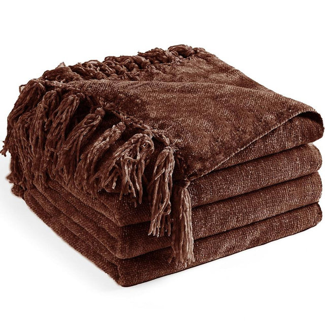 LONG CREATE Chenille Throw Blanket for Couch 50"X 60", Soft Cozy Throws with Fringe Tassel for Bed Sofa Chair Cover, Lightweight Knitted Decorative Boho Blankets for Living Room, Dark Brown