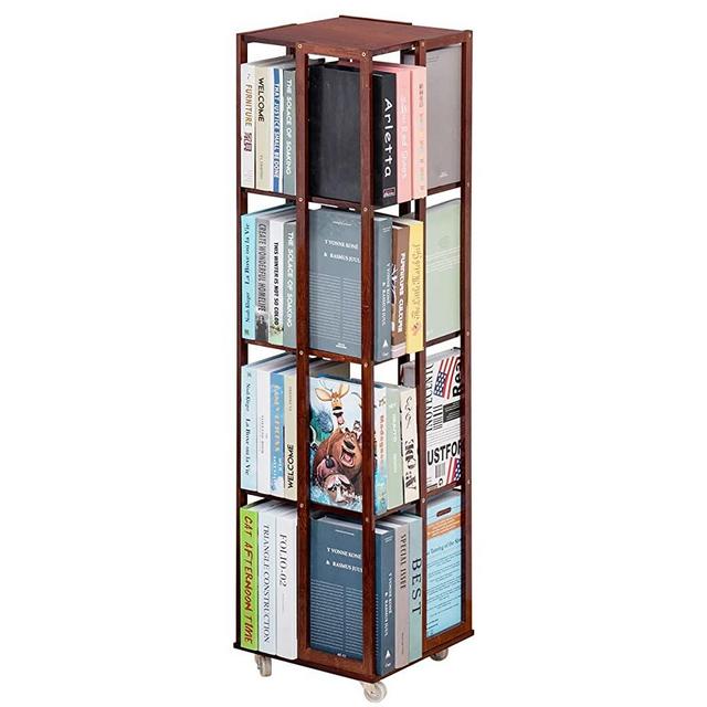 5 Tier Rolling Bookcase, Bamboo 360 Rotating Bookshelf, Freestanding Storage Organizer Holder Book Rack with Wheels for Bedroom, Living Room Home and Office