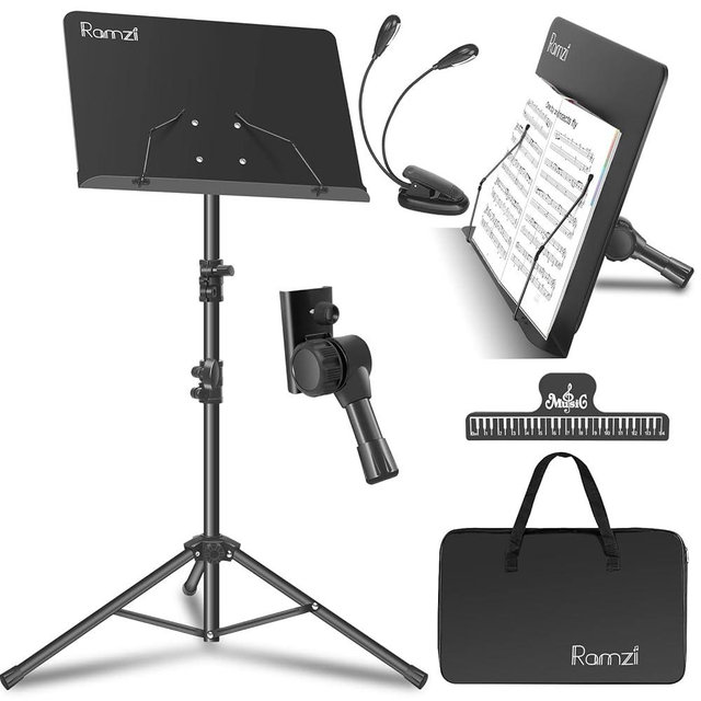 Ramzi Music Stand for Sheet Music 5 in-1 Dual-Use Desktop Book Stand, Music Stand Light, Carrying Bag, Sheet Music Clip