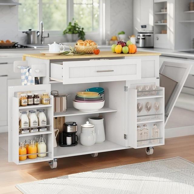 Kitchen Island with Storage, 43.3" Island Table for Kitchen with Widen Drop Leaf Rubberwood Top, Trash Can Storage and Towel Bar, Rolling Kitchen Island Cart on Wheels for Indoor Outdoor, White
