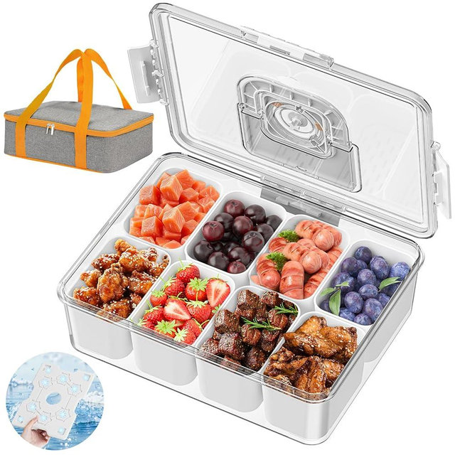 Locliki Snackle Box Container with Ice Pack, Bonus Insulated Bag Charcoolerie Chilled Portable Serving Tray with Lid and Handle，8 Compartment Snack Container for Charcuterie Snack Road Trip Picnic